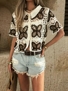 Women Summer Hook Patterned Open Cardigan With Perforated Design Short Sleeves Featuring Colorful Patchwork Sun Protection Reddy