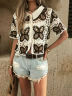 Women Summer Hook Patterned Open Cardigan With Perforated Design Short Sleeves Featuring Colorful Patchwork Sun Protection Reddy