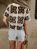 Women Summer Hook Patterned Open Cardigan With Perforated Design Short Sleeves Featuring Colorful Patchwork Sun Protection Reddy