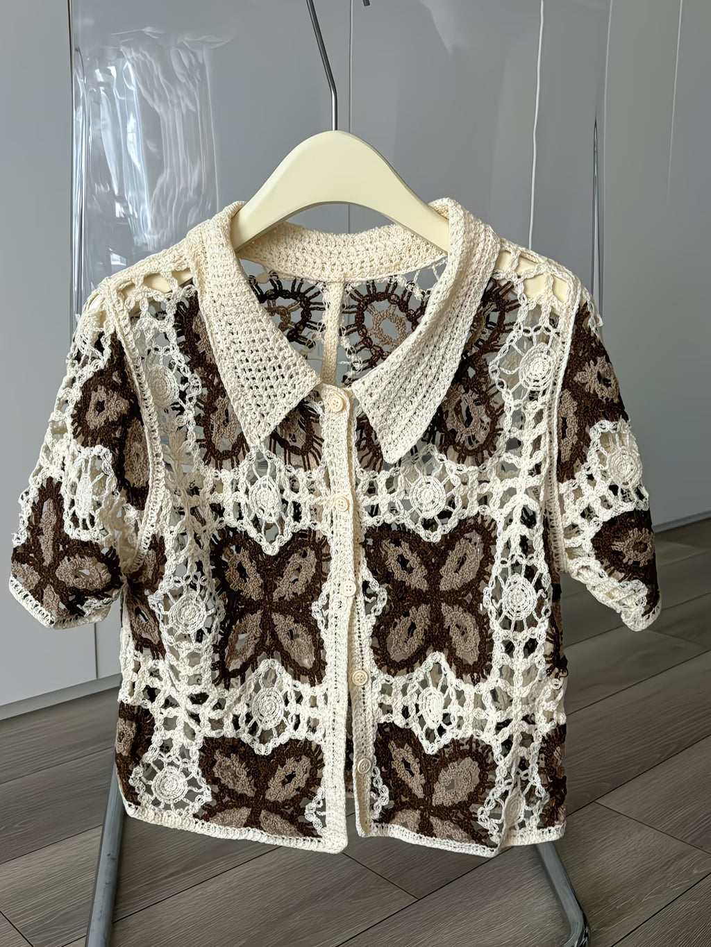 Women Summer Hook Patterned Open Cardigan With Perforated Design Short Sleeves Featuring Colorful Patchwork Sun Protection Reddy