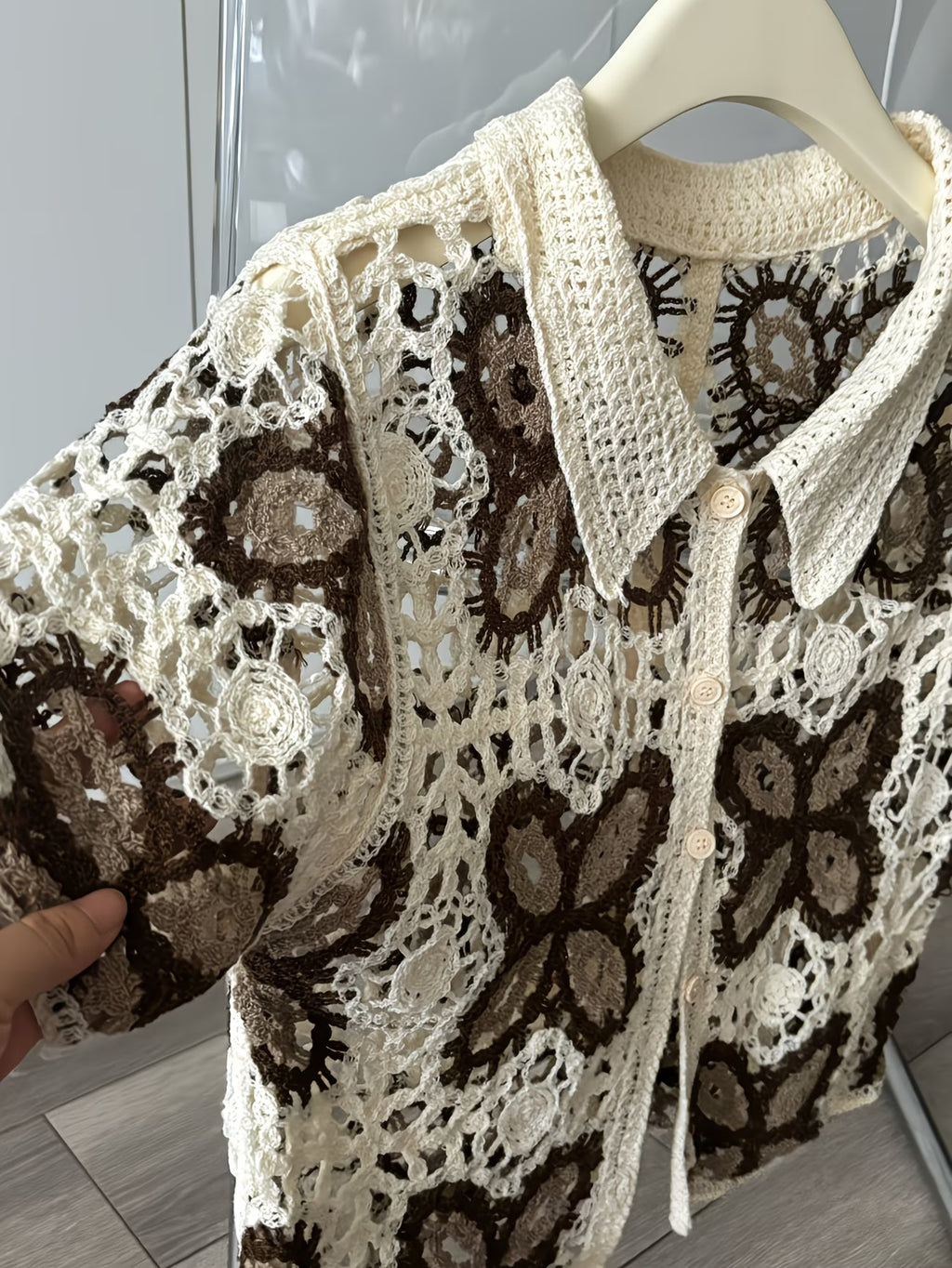 Women Summer Hook Patterned Open Cardigan With Perforated Design Short Sleeves Featuring Colorful Patchwork Sun Protection Reddy