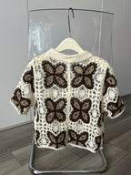 Women Summer Hook Patterned Open Cardigan With Perforated Design Short Sleeves Featuring Colorful Patchwork Sun Protection Reddy