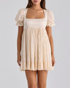 Women Clothing Summer French Satin Embroidery Stitching Design Short Dress TinkleBell
