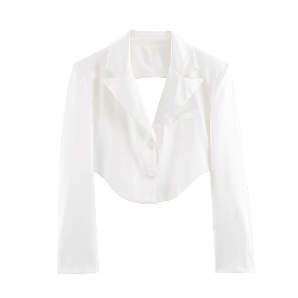 Women Clothing Simple Elegant White Slim Fit Backless Silk Satin Texture Short Blazer SenDa