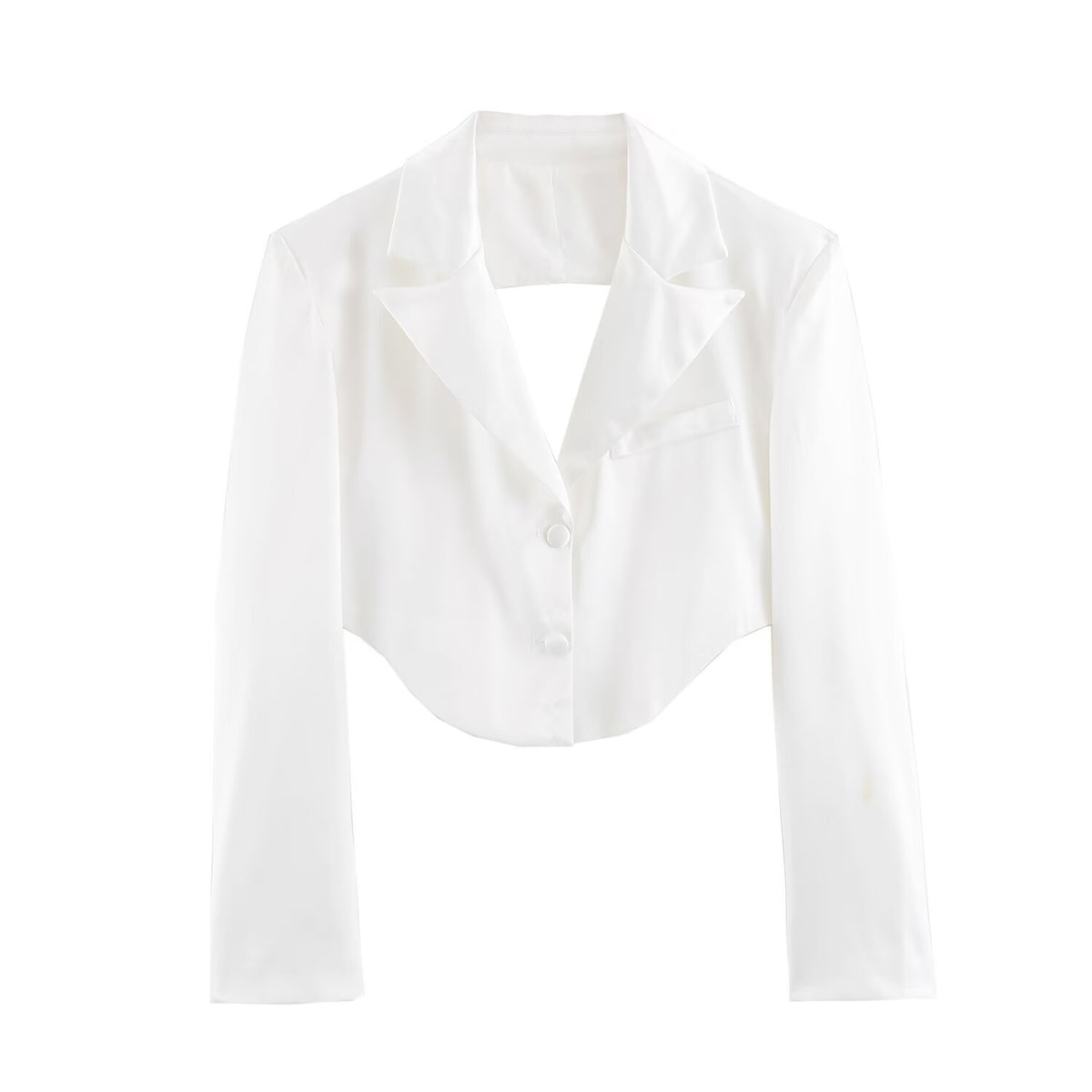 Women Clothing Simple Elegant White Slim Fit Backless Silk Satin Texture Short Blazer SenDa