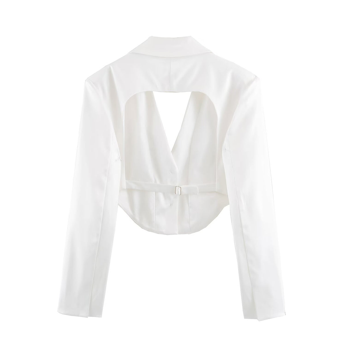 Women Clothing Simple Elegant White Slim Fit Backless Silk Satin Texture Short Blazer SenDa