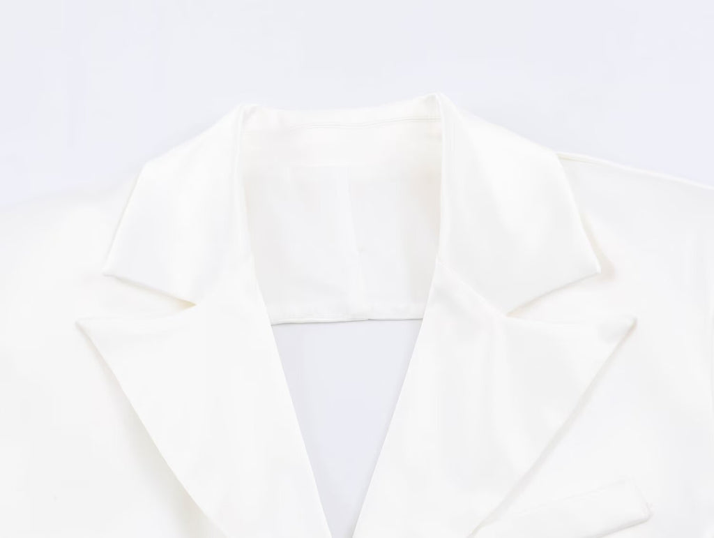 Women Clothing Simple Elegant White Slim Fit Backless Silk Satin Texture Short Blazer SenDa