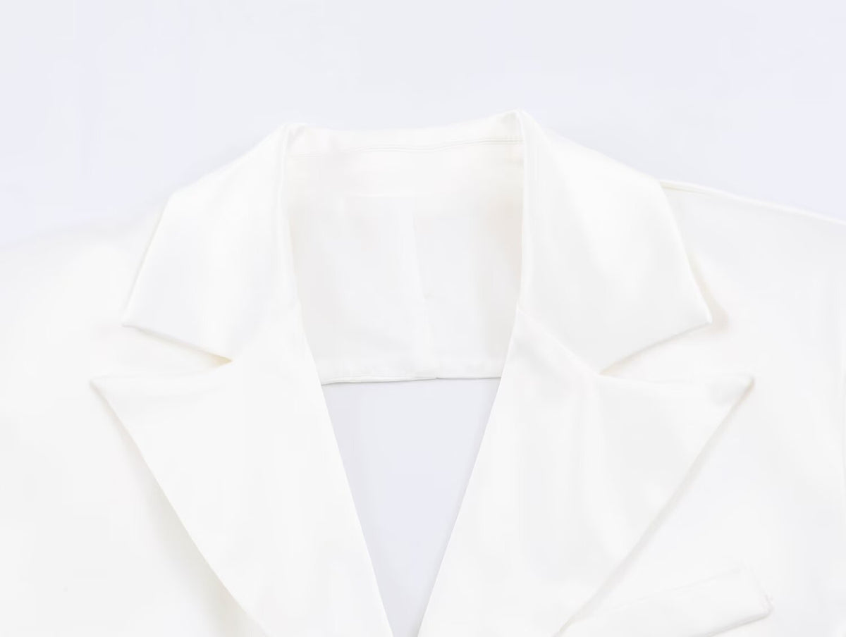 Women Clothing Simple Elegant White Slim Fit Backless Silk Satin Texture Short Blazer SenDa