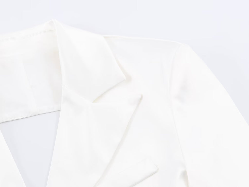 Women Clothing Simple Elegant White Slim Fit Backless Silk Satin Texture Short Blazer SenDa