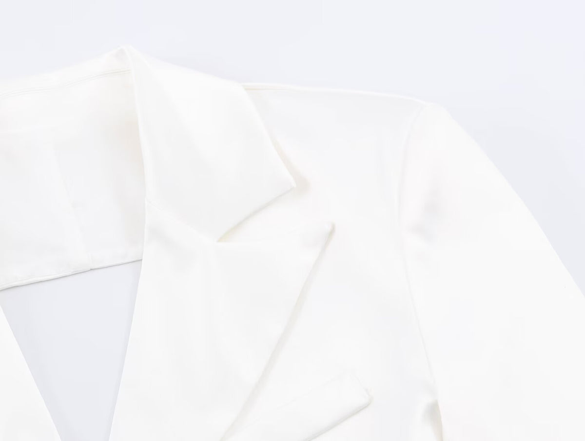 Women Clothing Simple Elegant White Slim Fit Backless Silk Satin Texture Short Blazer SenDa