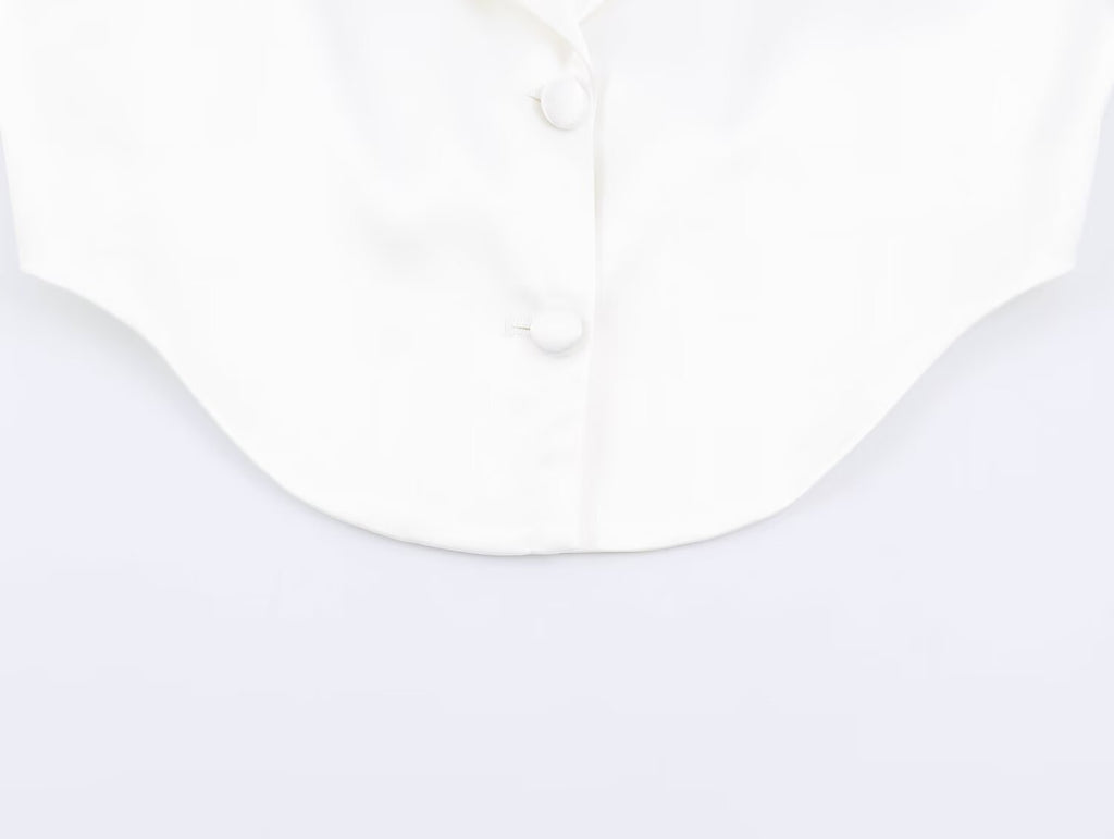 Women Clothing Simple Elegant White Slim Fit Backless Silk Satin Texture Short Blazer SenDa