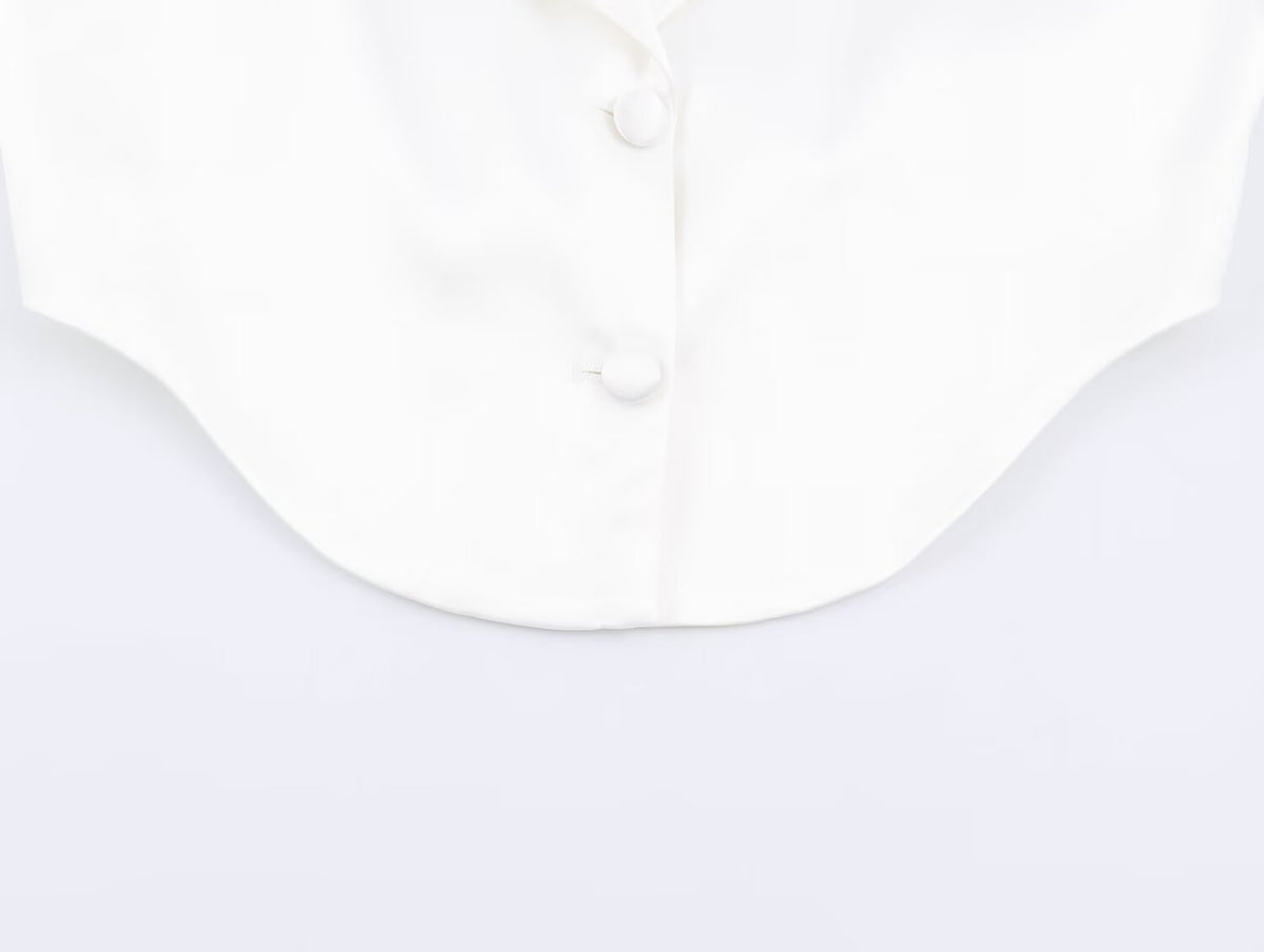 Women Clothing Simple Elegant White Slim Fit Backless Silk Satin Texture Short Blazer SenDa