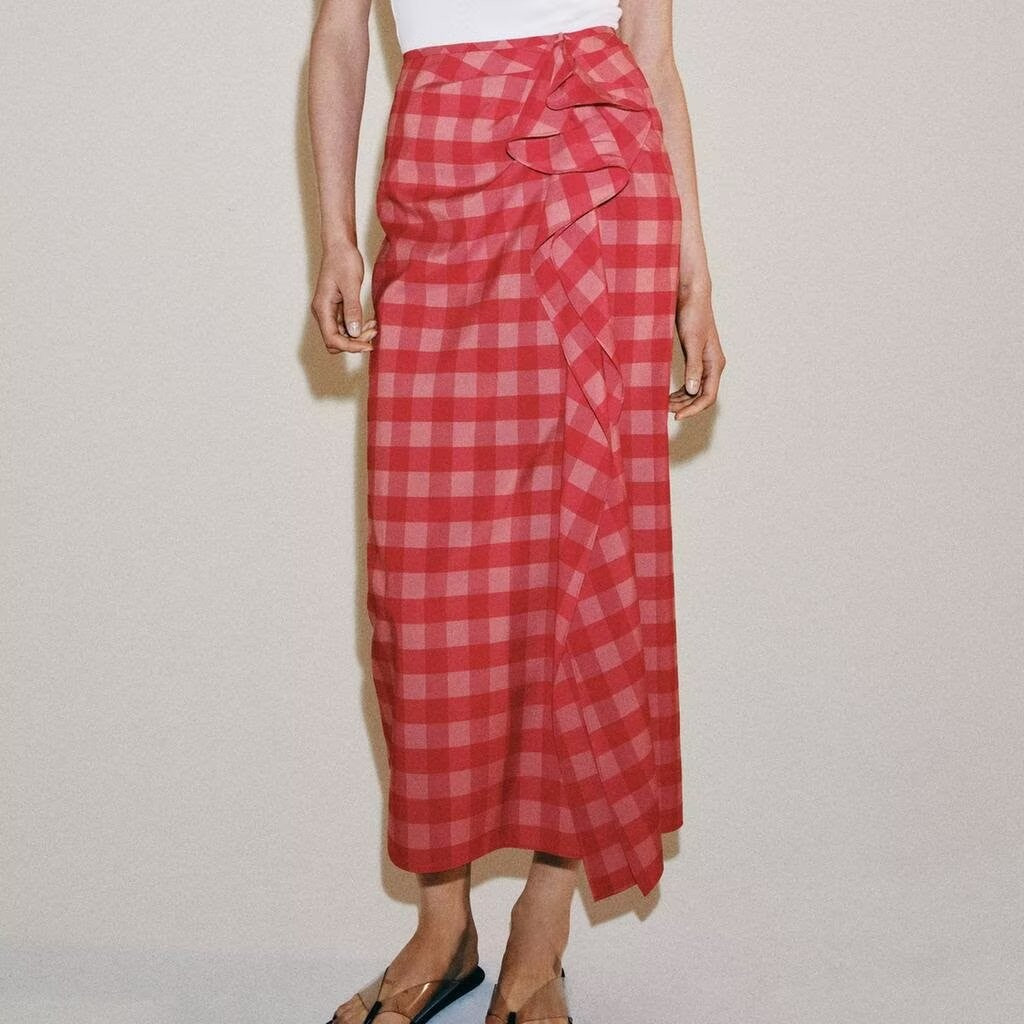 Women Clothing Summer Elegant Plaid Split Laminated Decoration Midi Dress flightCourse