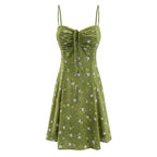 Summer Women Clothing Sexy Printed Short Dress Ruched Lace up Waist Trimming Spaghetti Straps Dress PullWind