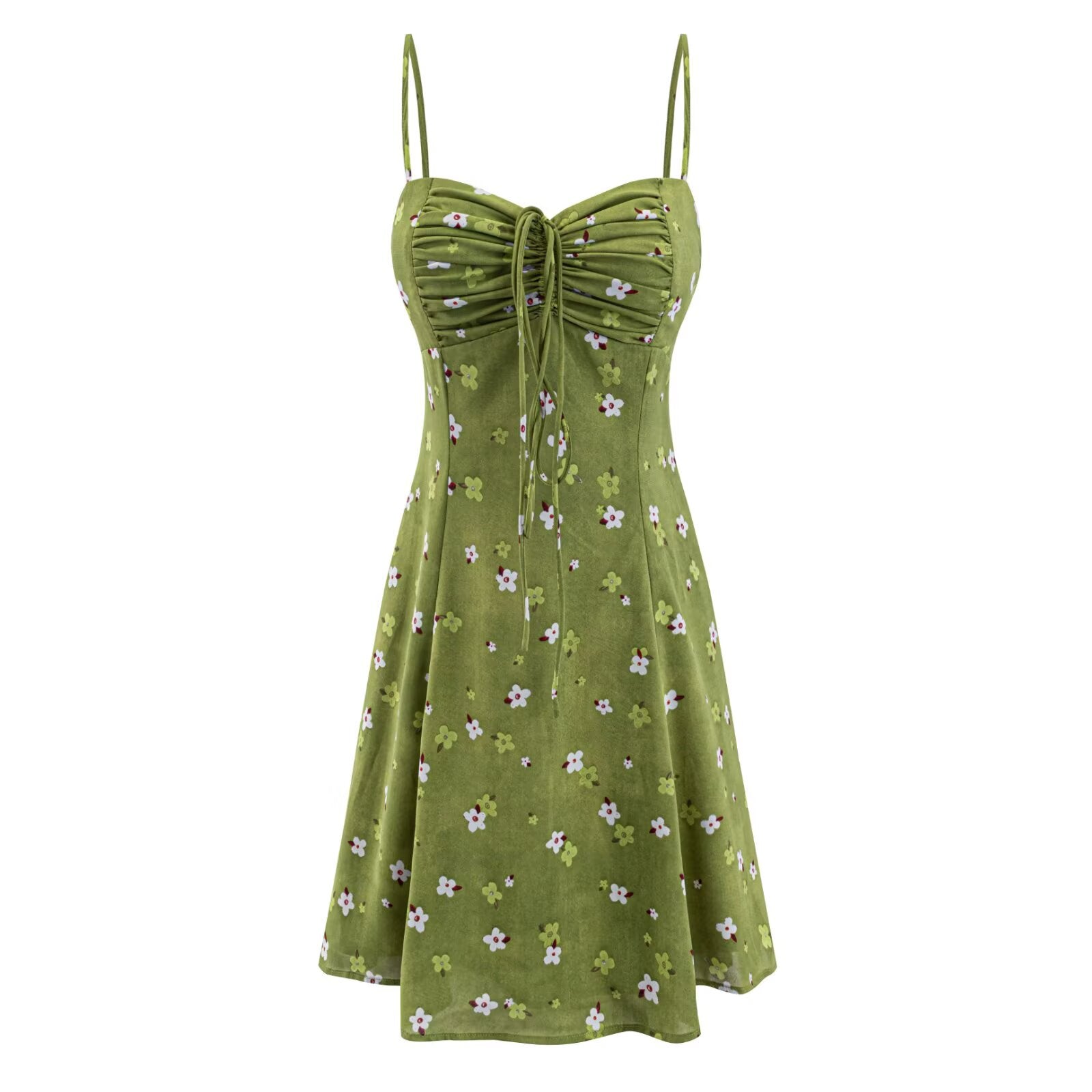 Summer Women Clothing Sexy Printed Short Dress Ruched Lace up Waist Trimming Spaghetti Straps Dress PullWind