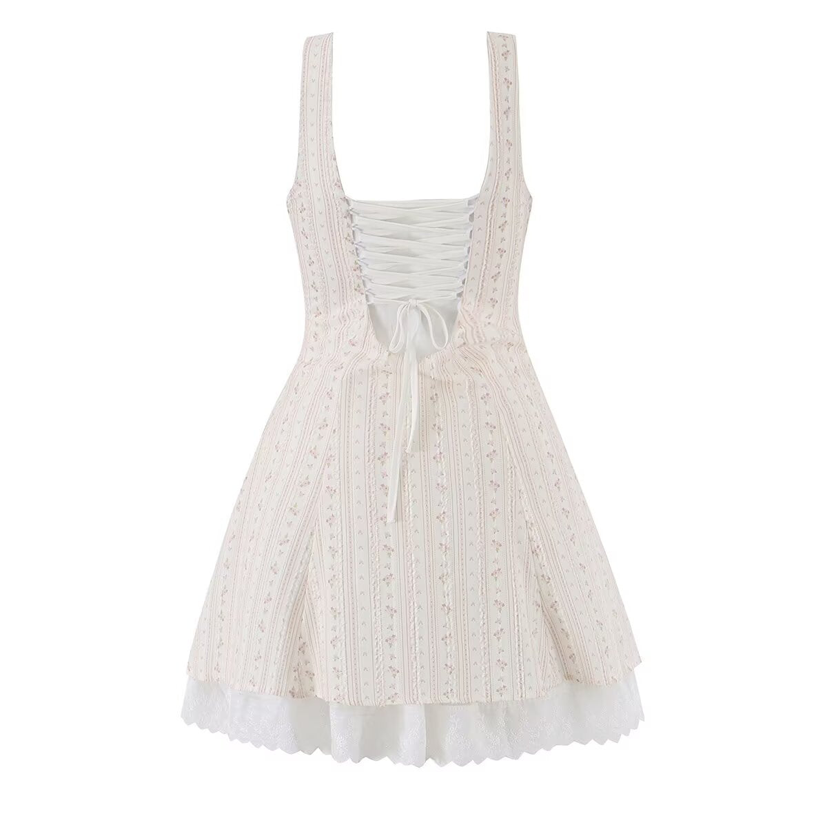 Women Clothing Summer Sweet Spaghetti Strap Waist Lace Stitching Floral Dress Aiostar