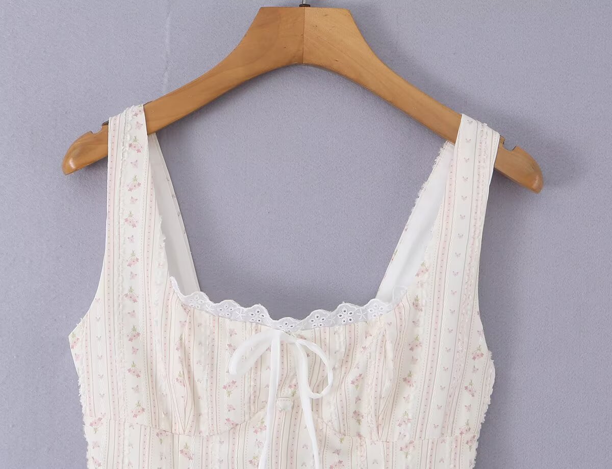 Women Clothing Summer Sweet Spaghetti Strap Waist Lace Stitching Floral Dress Aiostar