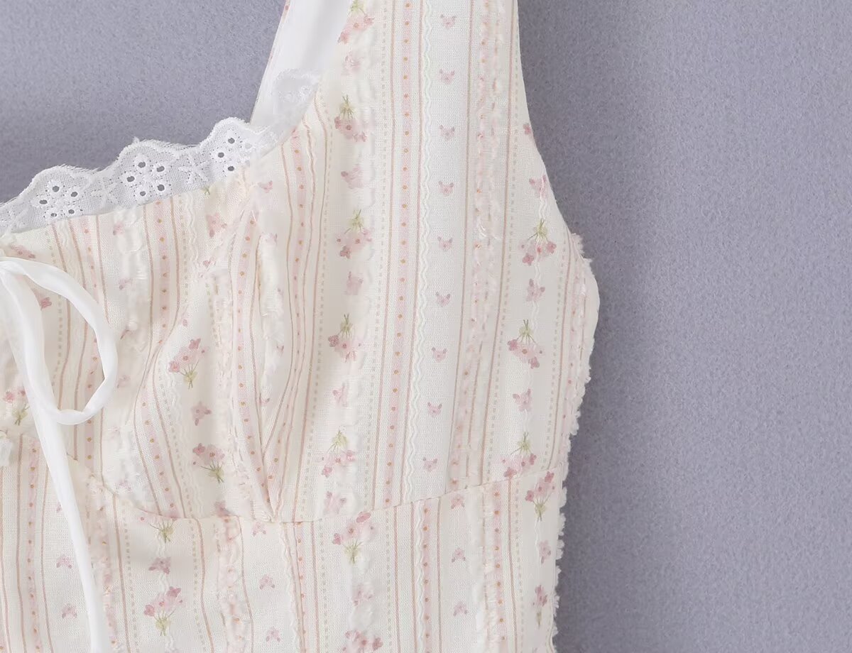 Women Clothing Summer Sweet Spaghetti Strap Waist Lace Stitching Floral Dress Aiostar