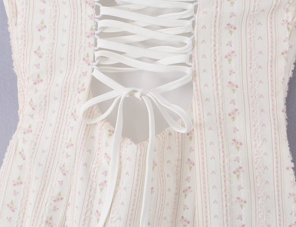 Women Clothing Summer Sweet Spaghetti Strap Waist Lace Stitching Floral Dress Aiostar