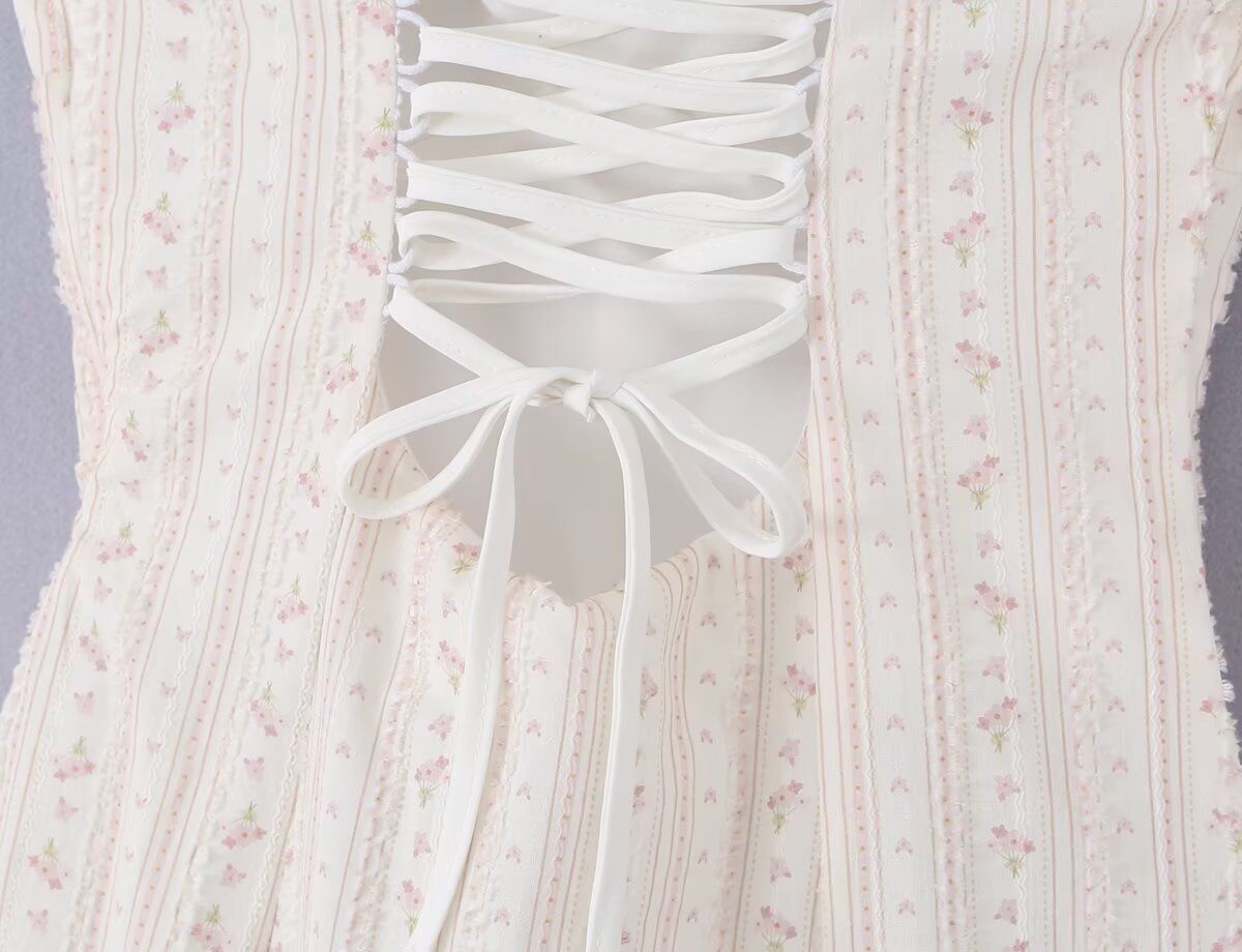 Women Clothing Summer Sweet Spaghetti Strap Waist Lace Stitching Floral Dress Aiostar