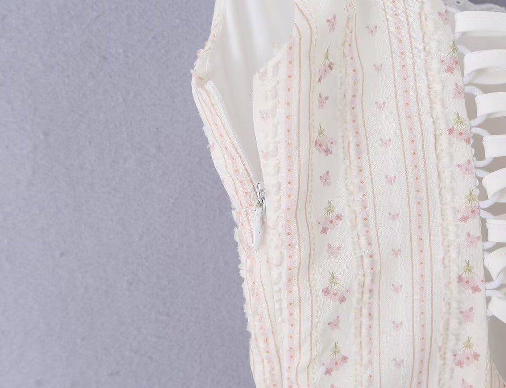 Women Clothing Summer Sweet Spaghetti Strap Waist Lace Stitching Floral Dress Aiostar