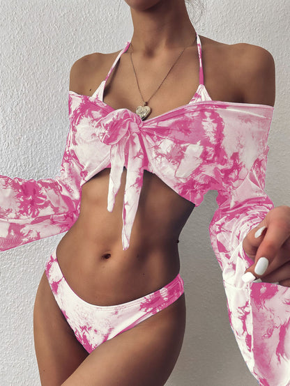 Women Split Swimsuit Sexy Long Sleeve Three-Piece Suit Leopard Bikini