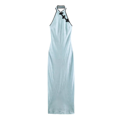 Women Clothing Cold Feeling Dark Pattern Jacquard Halter Improved Cheongsam Long Slimming Dress SenDa