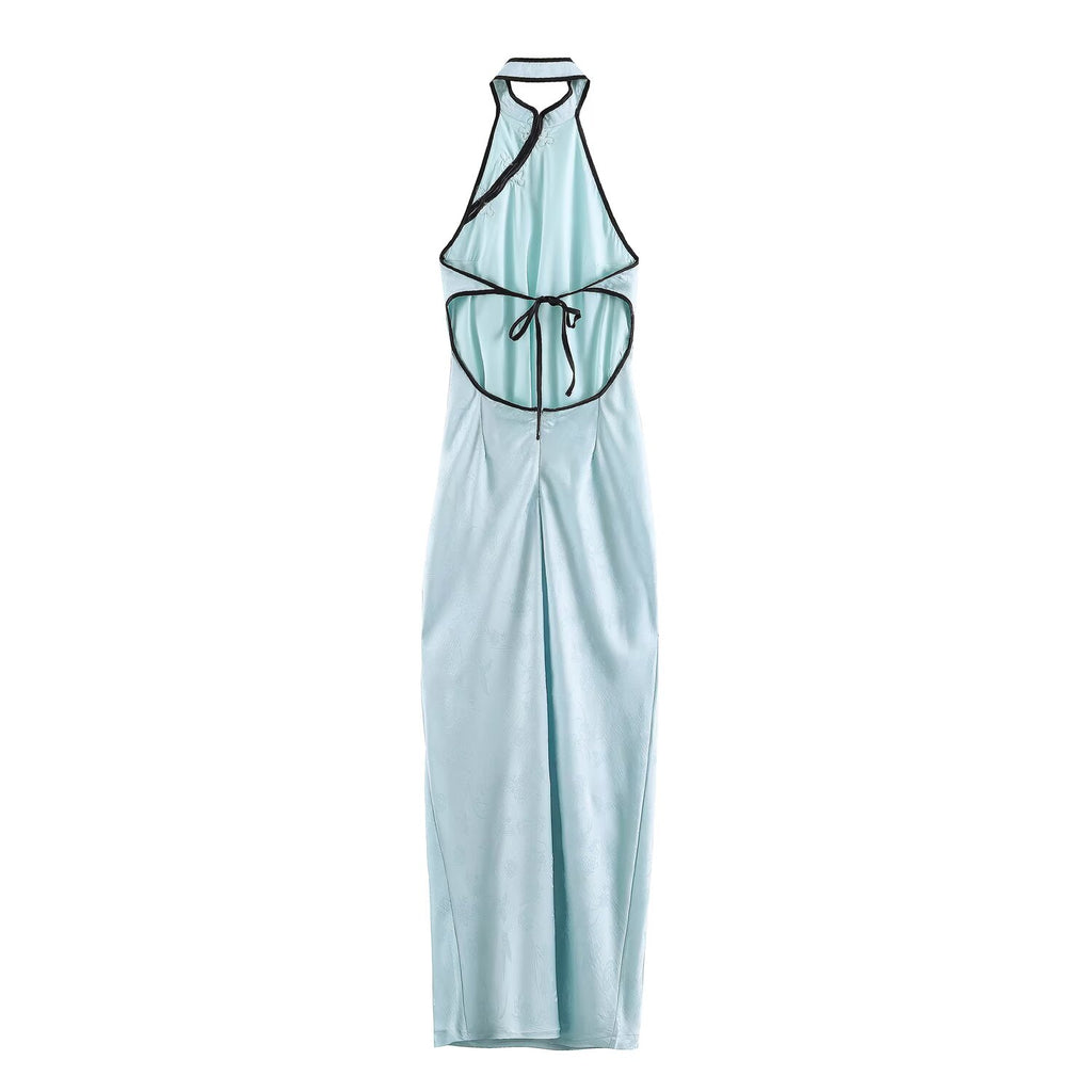 Women Clothing Cold Feeling Dark Pattern Jacquard Halter Improved Cheongsam Long Slimming Dress SenDa