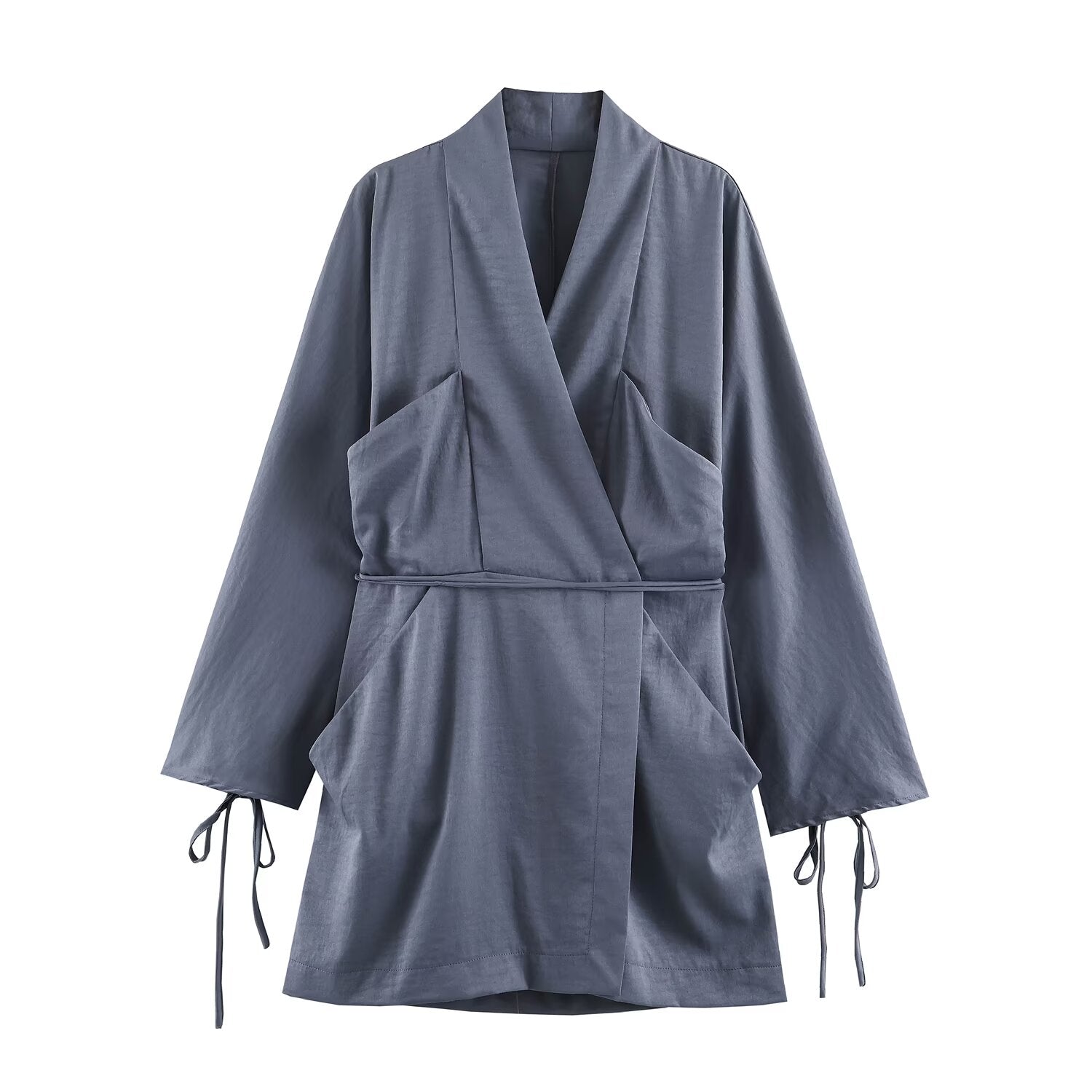 Women Clothing Summer Waist Belt Double Breasted Short Long Sleeve Dress SenDa