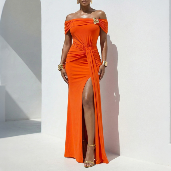 Sexy off Shoulder High Slit Dress Solid Color Women Dress Summer Short Sleeve Dress Coya