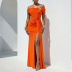 Sexy off Shoulder High Slit Dress Solid Color Women Dress Summer Short Sleeve Dress Coya