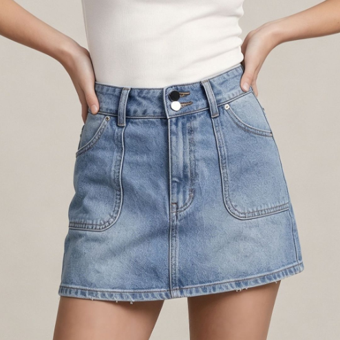 Summer Double Buckle Light Blue Pocket Women Denim Skirt Shocen