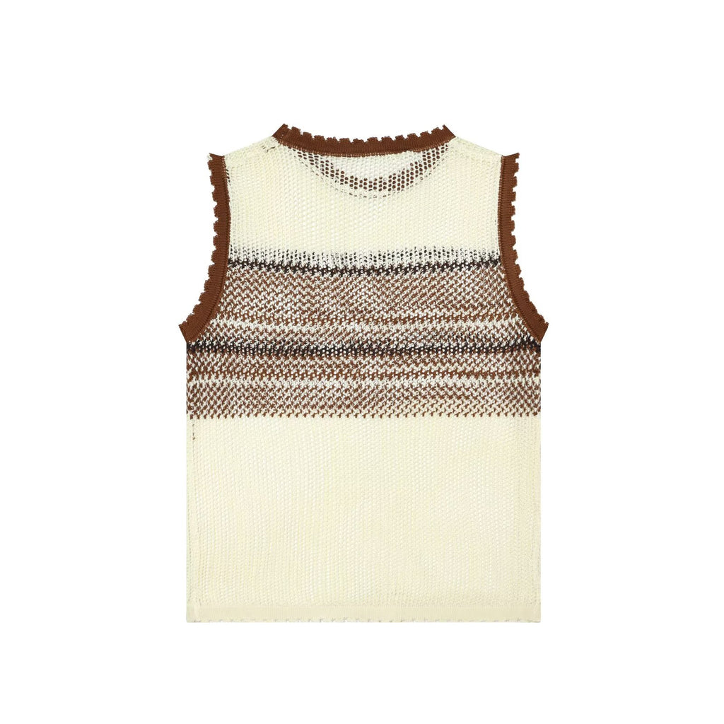 Women Clothing Summer Artistic Contrast Color Design round Neck Knitted Vest Top Howe