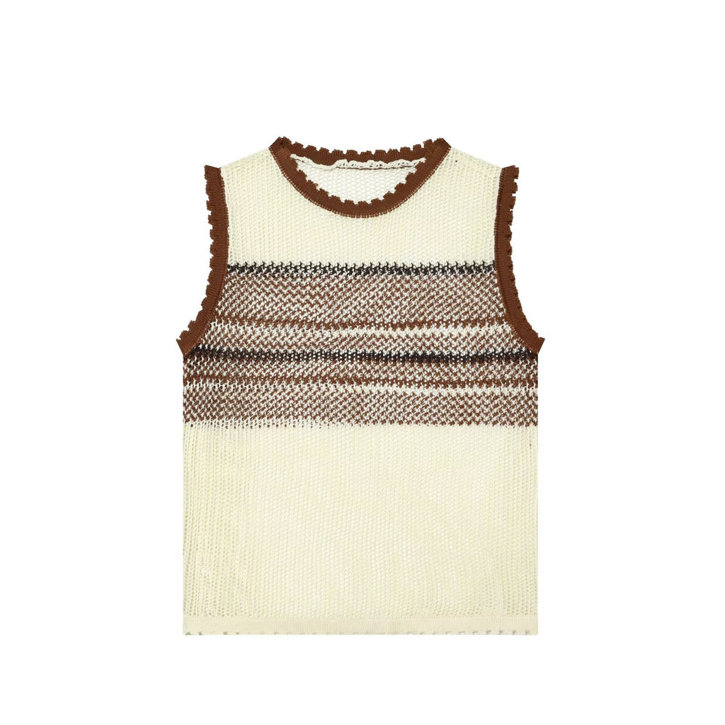 Women Clothing Summer Artistic Contrast Color Design round Neck Knitted Vest Top Howe