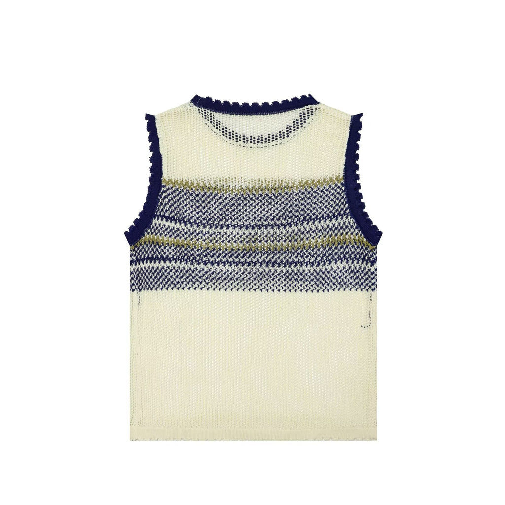 Women Clothing Summer Artistic Contrast Color Design round Neck Knitted Vest Top Howe