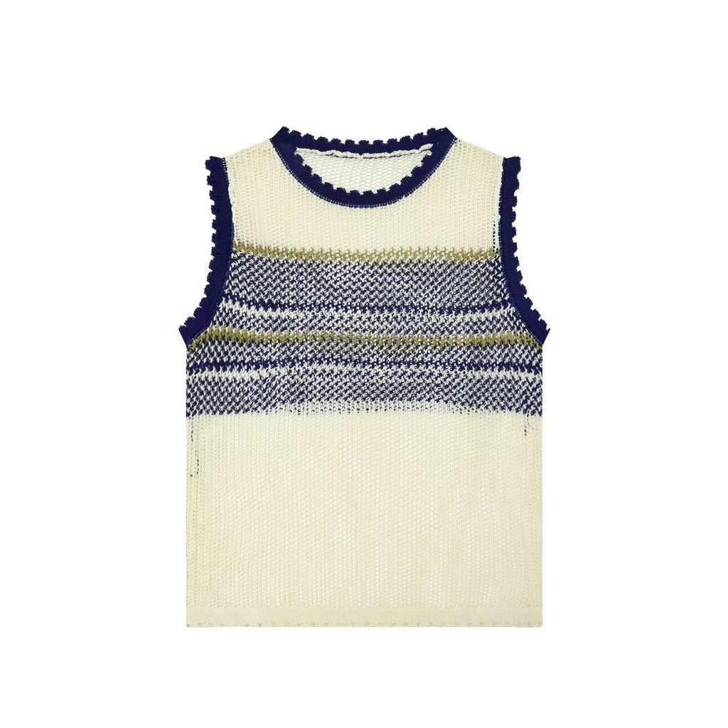 Women Clothing Summer Artistic Contrast Color Design round Neck Knitted Vest Top Howe