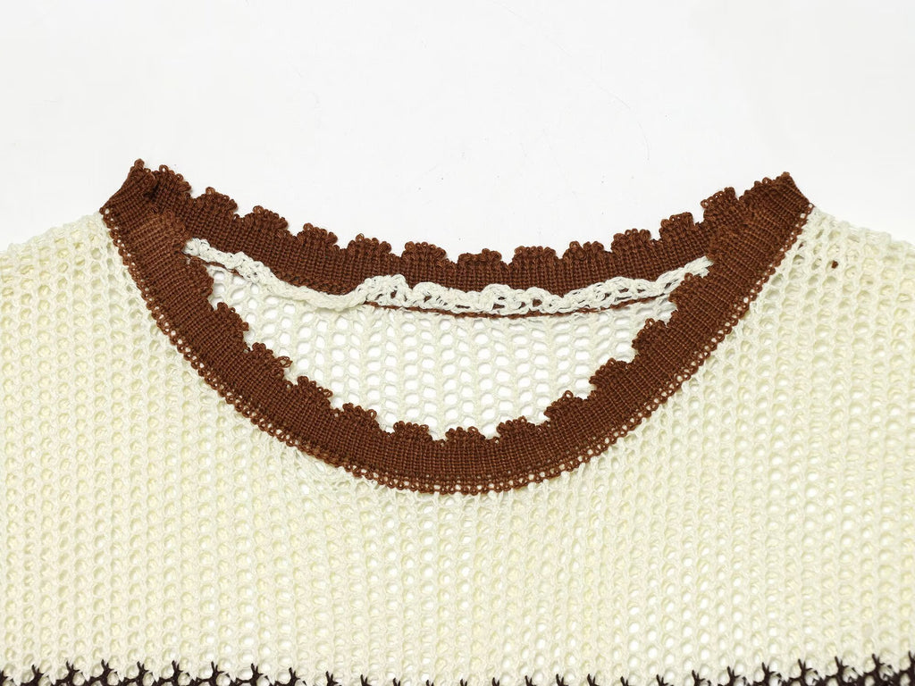 Women Clothing Summer Artistic Contrast Color Design round Neck Knitted Vest Top Howe