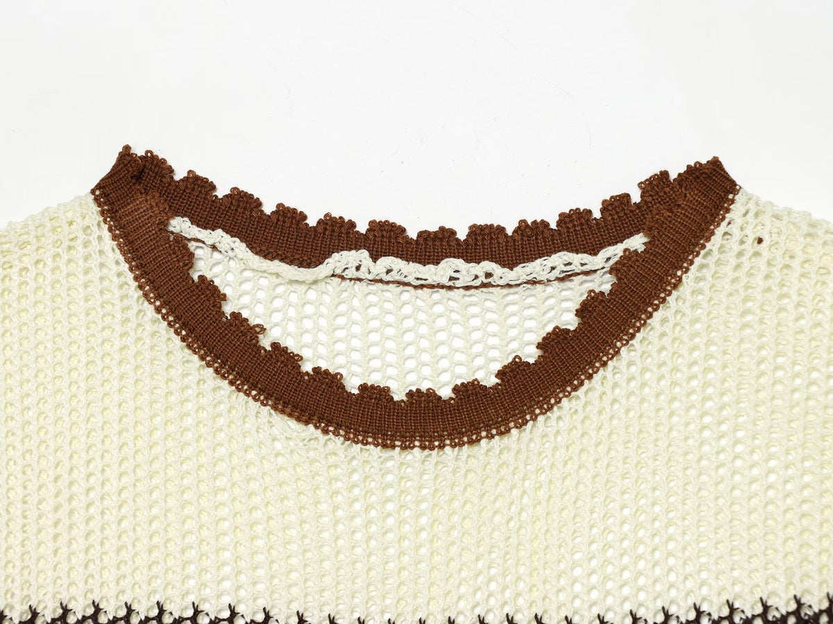 Women Clothing Summer Artistic Contrast Color Design round Neck Knitted Vest Top Howe