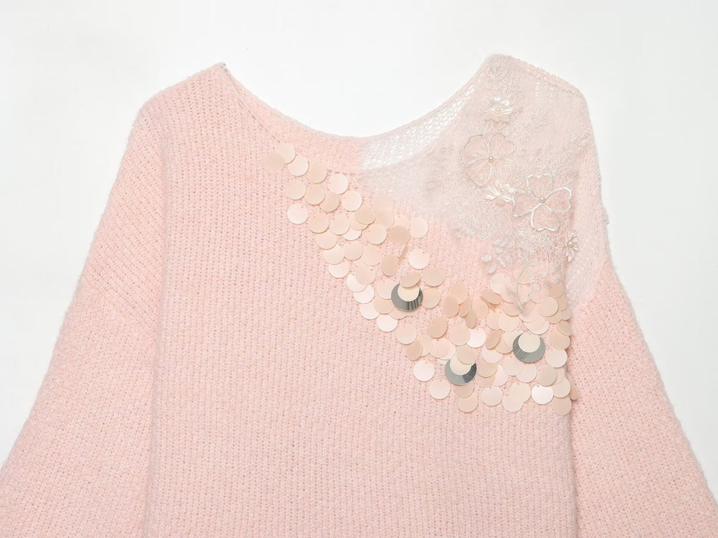 Women Clothing Summer French Gentle Handmade Sequin Accessories Sweater Howe