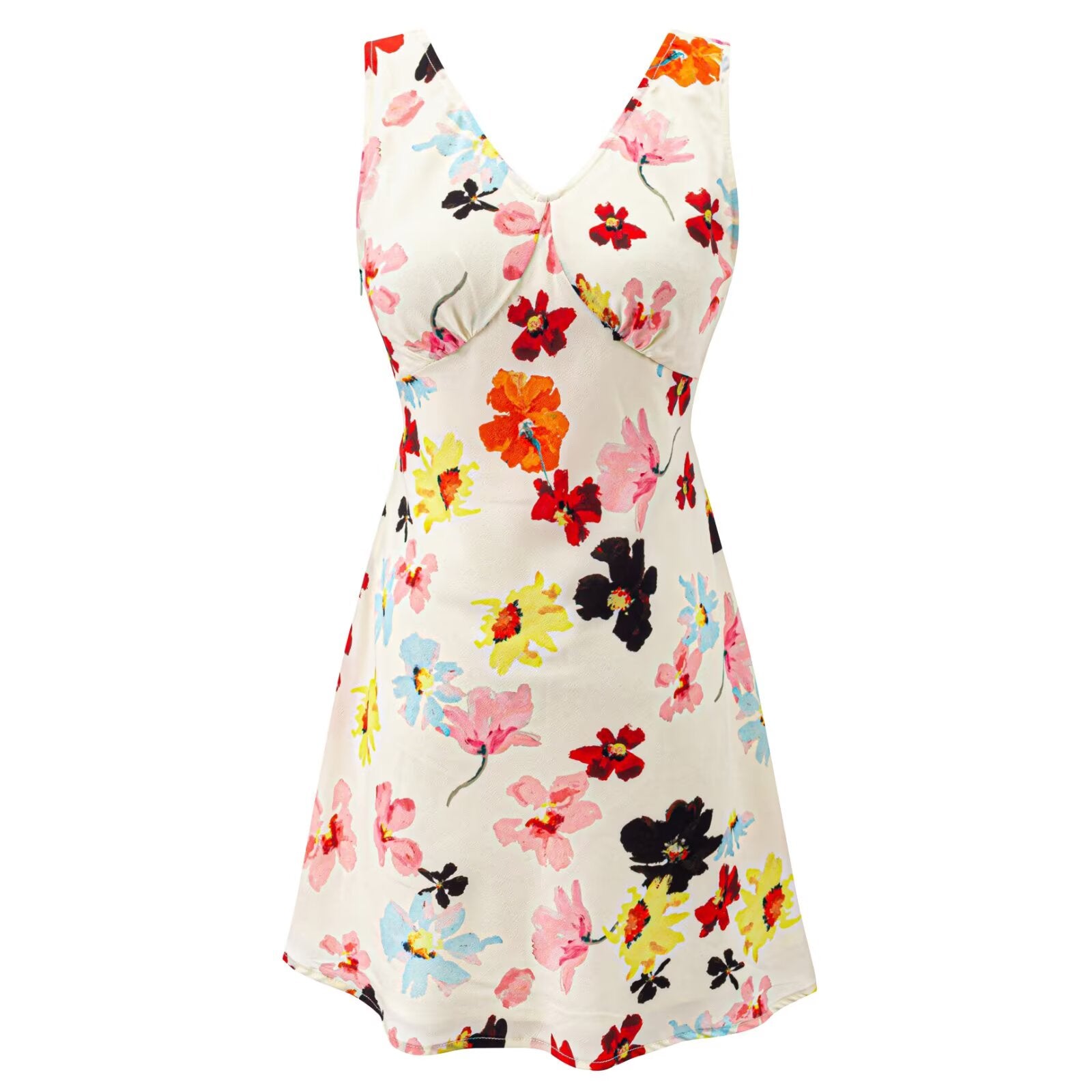 Summer Printed Seaside Vacation Short Dress Lace up Slim Fit Slimming V Neckline Dress PullWind