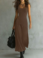 Summer U Neck Sleeveless Vest Dress Elegant Graceful Asymmetric Slim Fit Patchwork Maxi Dress Eping