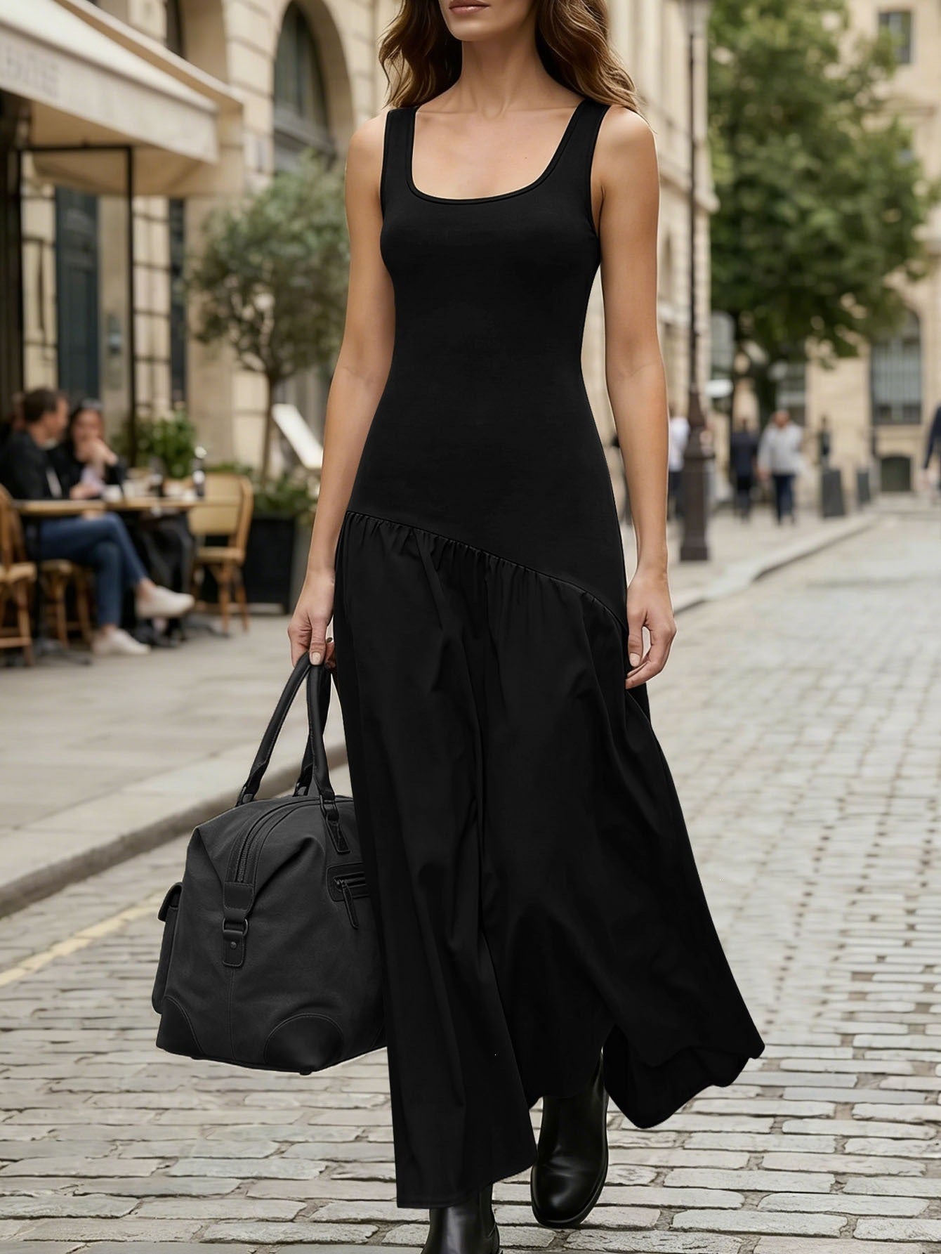 Summer U Neck Sleeveless Vest Dress Elegant Graceful Asymmetric Slim Fit Patchwork Maxi Dress Eping