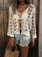 Women Summer Crochet Mesh Sun Protective Tie Front Cardigan Outerwear Reddy