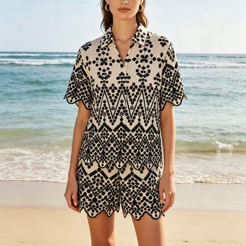 Summer Color Block Embroidery Shirt Embroidered Shorts Sets Howe