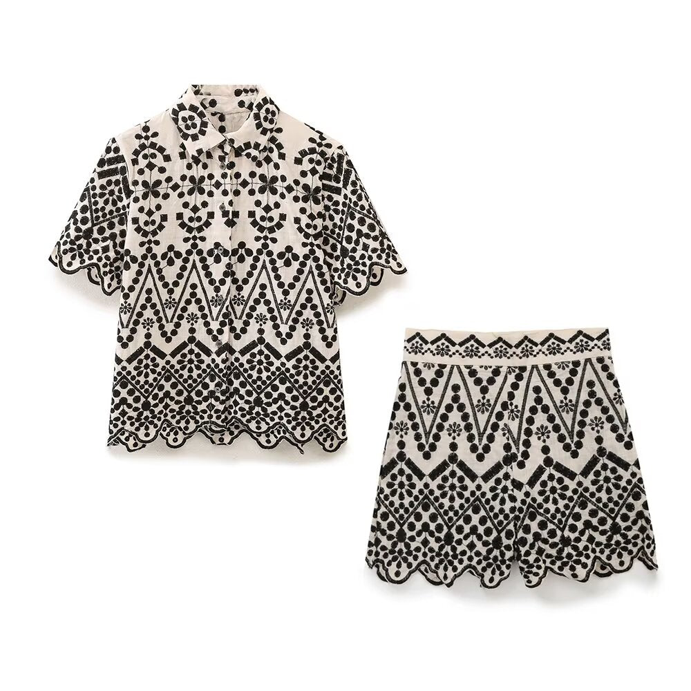 Summer Color Block Embroidery Shirt Embroidered Shorts Sets Howe