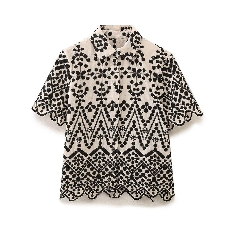 Summer Color Block Embroidery Shirt Embroidered Shorts Sets Howe