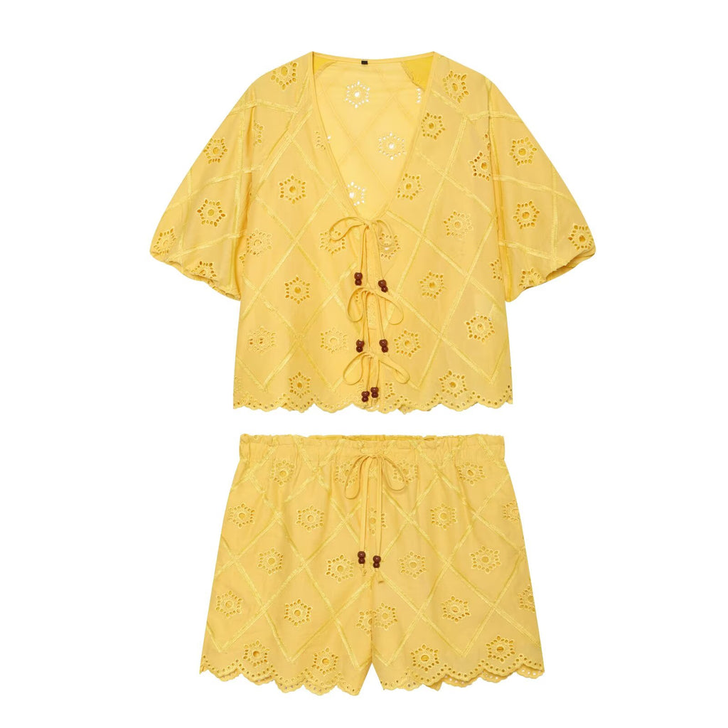 Women Solid Color Summer Embroidered Short Sets Howe