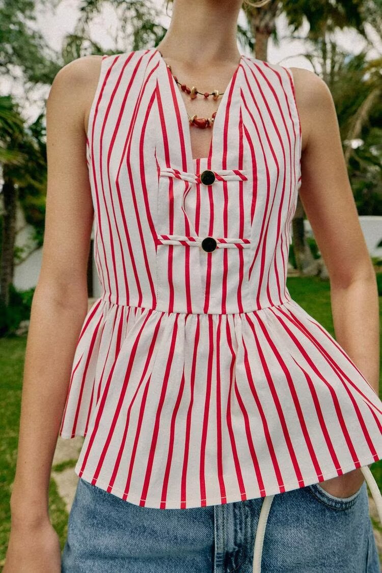Women Clothing Summer Sleeveless V neck Dress Hem Striped Pullover Top flightCourse
