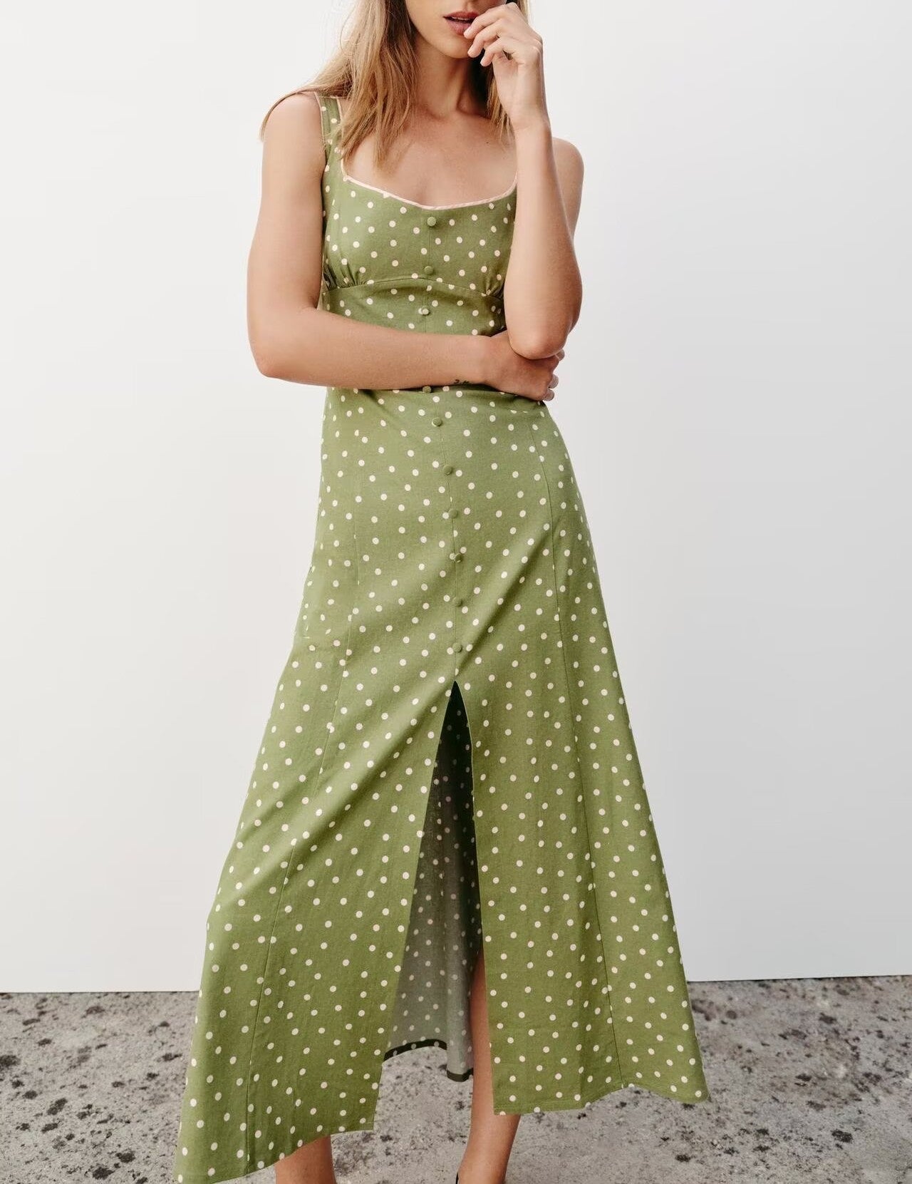 Women Clothing Summer Polka Dot Linen Blended Midi Dress Strap Dress flightCourse
