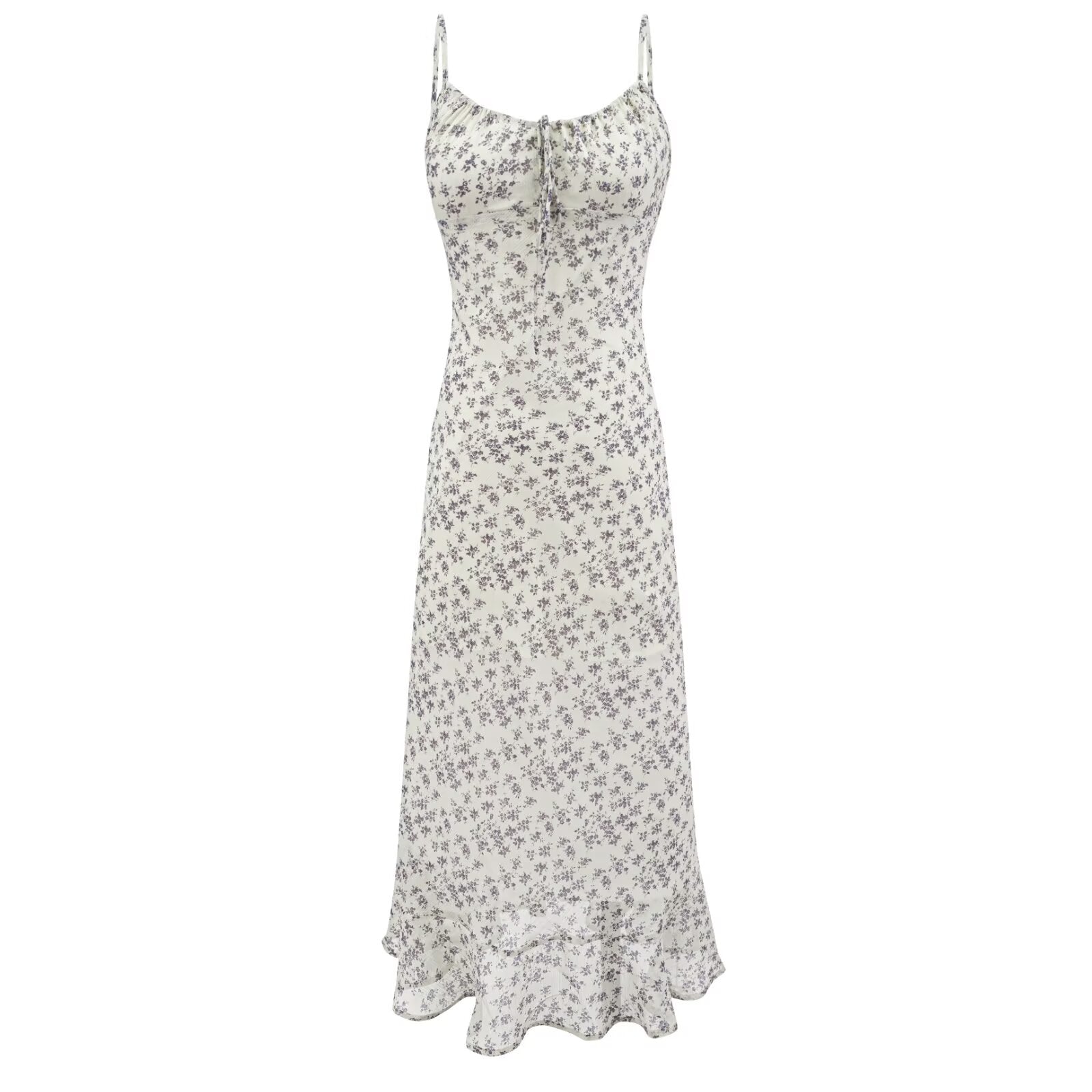 Summer Retro Vacation Printed Maxi Dress Ruffled Design Slim Strap Dress PullWind